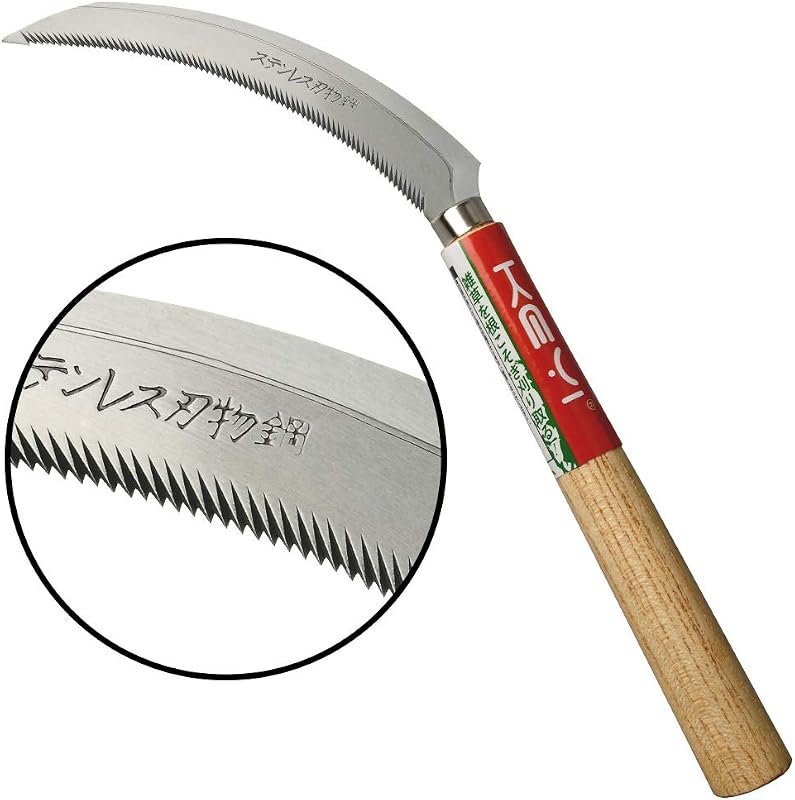 EYI Stainless Steel Serrated Grass Sickle with Wooden Handle, 6.6-Inch