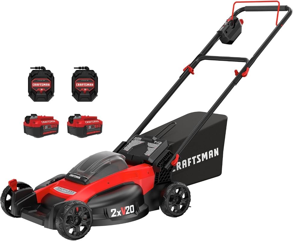 CRAFTSMAN V20 20-Inch Cordless Brushless Push Lawn Mower with Two Batt