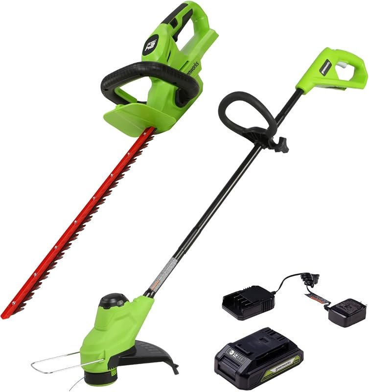 Greenworks 24V Cordless 22-Inch Hedge Trimmer and 10-Inch String Trimm
