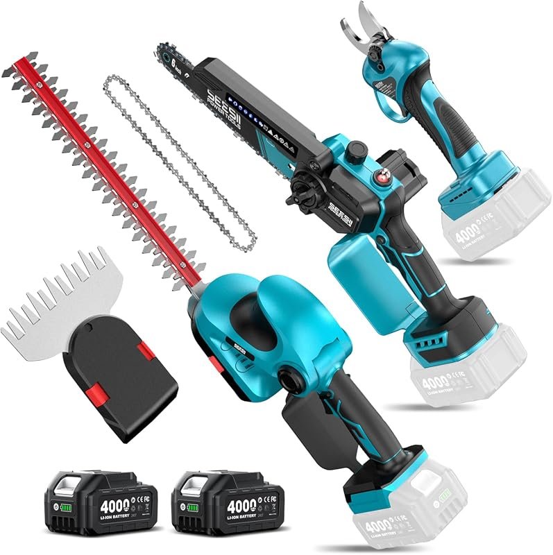 SEESII 4-in-1 Electric Mini Chainsaw and Hedge Trimmer Kit, Multi-Purp