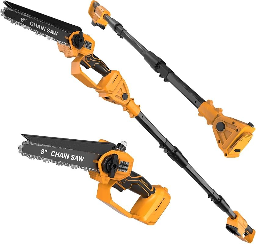 8-Inch Cordless Pole Saw for Dewalt 20V Batteries, 14.2Ft Reach, Brush